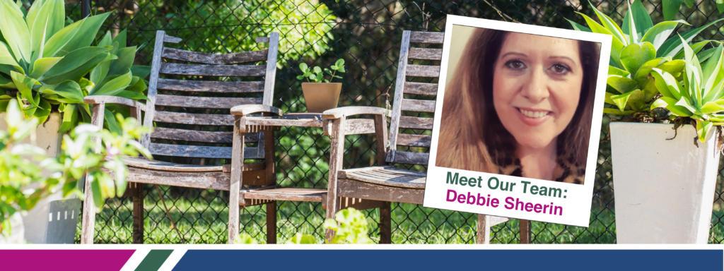 A branded image of Coastlink staff member Debbie, against a background of two chairs