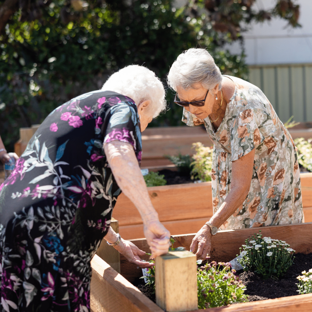 Two ladies inspect a garden bed